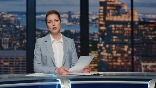 Female Newscaster Reporting News Late Night Studio Closeup Woman Broadcasting