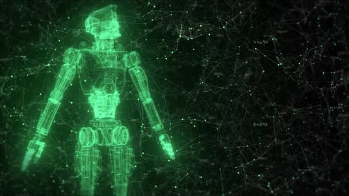 Robot de estructura alámbrica verde en una red de datos digitales con conexiones Plexus y números flotantes