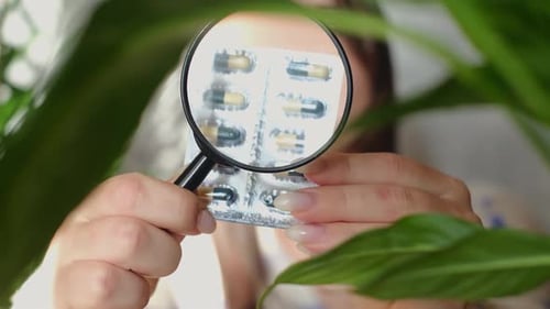 Examining Medicine Capsules with a Magnifying Glass