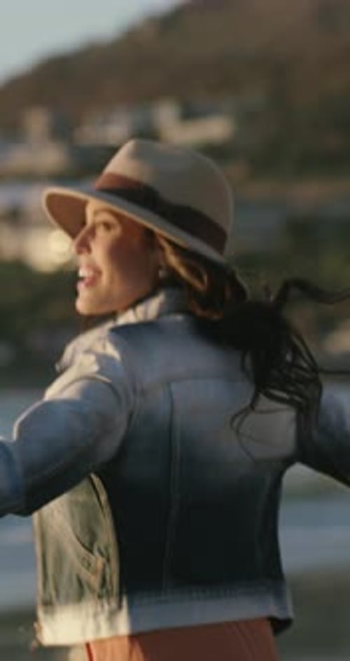 Freedom, smile or woman on beach with running, happiness or sunset explore on weekend break