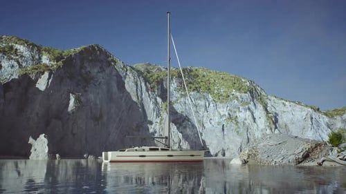 White Yacht Anchored in a Bay with Rocky Cliffs