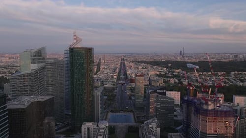 Modern High Rise Office Towers in Business Hub at Twilight Aerial Panoramic View of Metropolis Paris