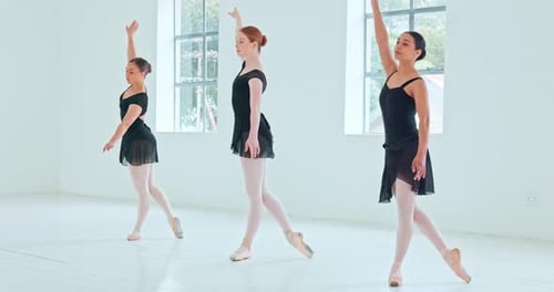 Ballet, dance and art with woman ballerina friends training in a studio for a theatre performance