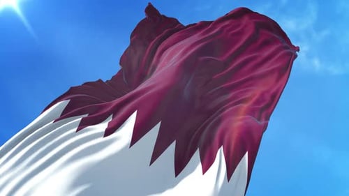 Realistic Qatar National Flag Waving in Sunny Blue Sky