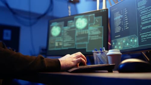 Hackers digitando no teclado em esconderijo pintado em grafite de perto