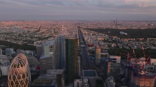Breath Taking Panoramic View of Metropolis at Dusk Forwards Fly Over La Defense Business District
