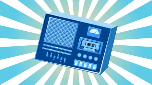Animated Flat Design Retro Cassette Player Boombox with Rotating Background