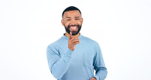 Face, applause and man in studio with hand pointing, you and choice, vote