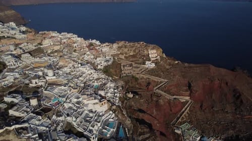 Looking over Oia in Santorini from above. Shot on DJI.