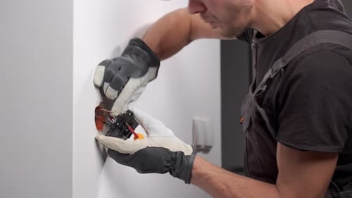 Man Electrical Worker Repairing Wall Socket With Screwdriver