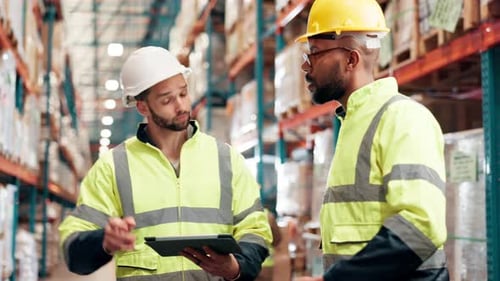 Logistics, discussion and men in warehouse with tablet for online schedule