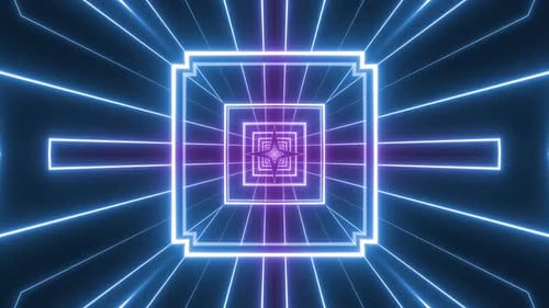 Futuristic neon tunnel zoom effect with vibrant blue and purple lights