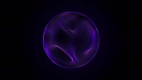 Esfera metálica abstracta de color púrpura formada por líneas de neón fluidas sobre fondo negro. Orbe que representa
el brillo
