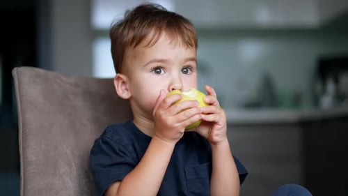 Cute Child Eating Apple in Modern Home