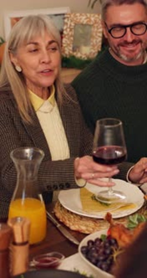 Festive, dinner and people in home with toast, bonding and thankful in Christmas celebration