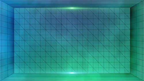 Abstract Geometric Grid Box with Glowing Blue Green Lights