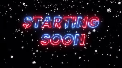 Stream starting soon neon text animation with snow falling suitable for video live streaming.