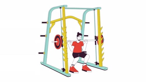 Person Squats with Barbell in Smith Machine Flat Design Animation