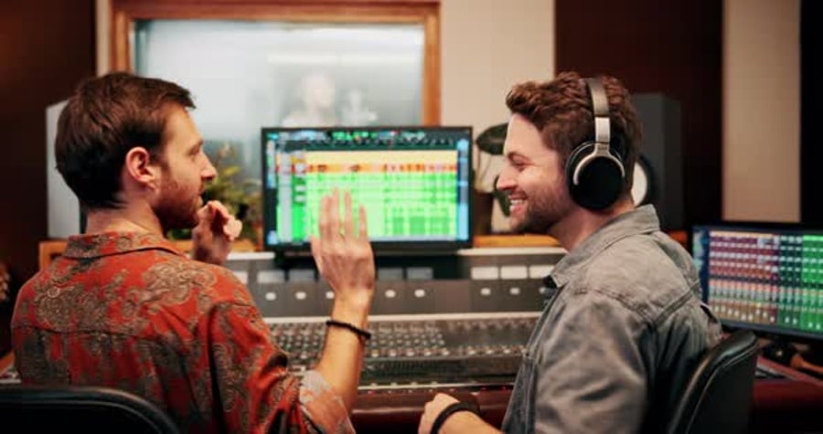 Handshake, producer or happy people with computer in recording studio ...