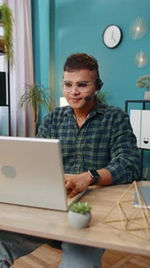 Business Man Wearing Headset Freelance Worker Call Center or Support Service Operator Helpline