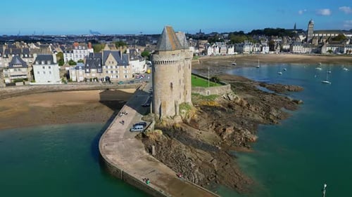 The famous Solidor Tower, Saint-Malo, Brittany in France. Aerial drone circling