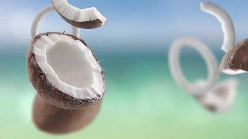Flying Coconut and Coconuts Slices in Beach Tropical Summer Background