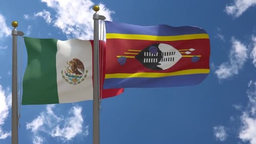 Flags of Mexico and Eswatini Waving in Realistic Wind