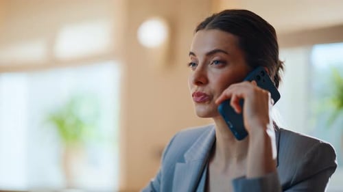 Resting Brunette Speaking Mobile Phone Waiting Meeting in Modern Cafe Closeup
