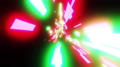 Vibrant neon tunnel with glowing geometric shapes in motion