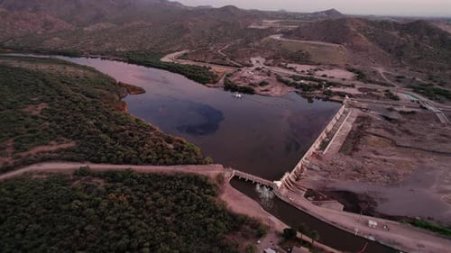 Arizona Desert Water Irrigation Aerial Over Granite Reef Dam On The Salt River
