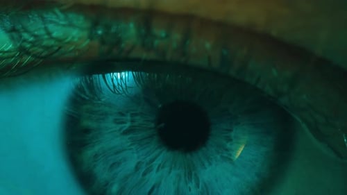 Männliches Augenmakro Detailliertes Nahaufnahmemakro Ein menschliches blaues Auge zeigt seine komplizierten Eigenschaften