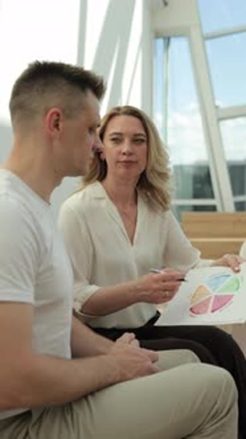 Businesswoman Showing Pie Chart Data to Colleague