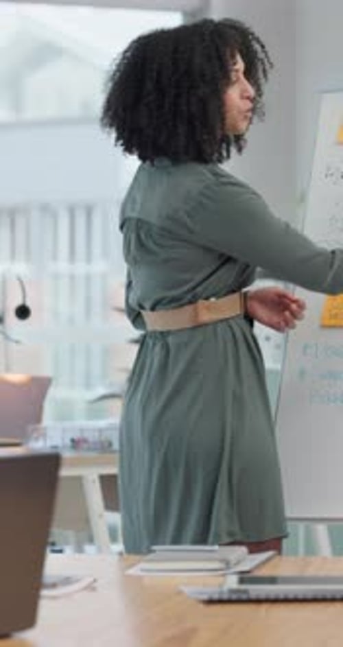 Business, woman or speaker for presentation, meeting or training in office with whiteboard