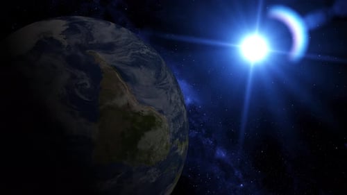 Rotating Earth Globe with Bright Sun Flare in Space