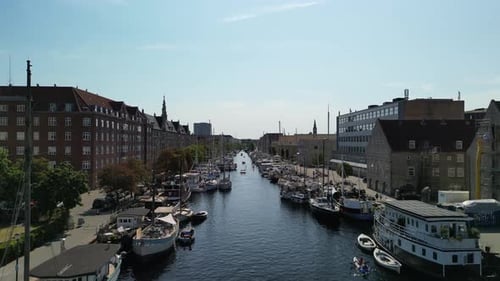 Aerial Descent Canal with Kayakers, Copenhagen Denmark
