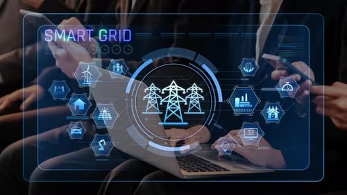 Smart-Grid-Technologiekonzept mit digitaler Schnittstelle und Icons für erneuerbare Energien und Strom