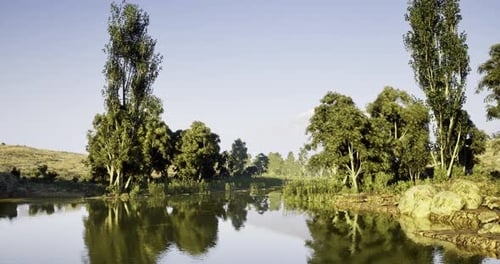 Serene River Landscape with Lush Trees and Calm Waters During Daylight
