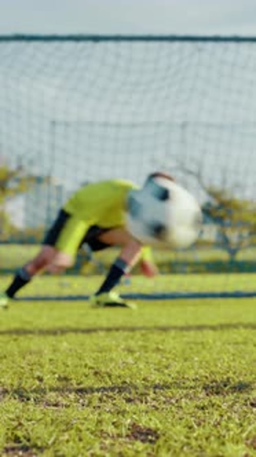 Penalty kick, children or football player with goal for winning at game or match in kids tournament
