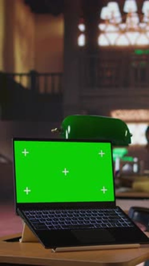 Vertical Video Focused Schoolgirl Engaged in Academic Tasks with Green Screen at a Library