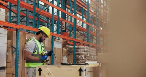 Drill, ecommerce and box assembly with man in warehouse for logistics, packaging technician