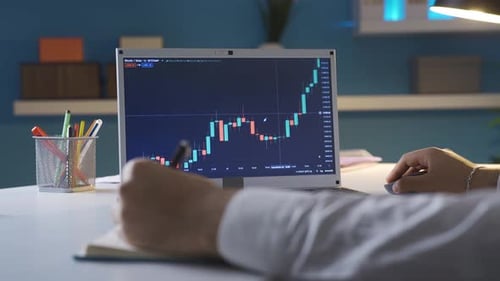 Investment specialist man analyzing bitcoin bullish charts in the stock market.