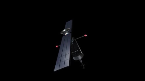 Rotating 3D Satellite with Solar Panels on Black Background