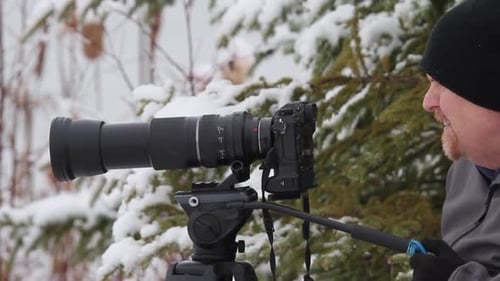 Photographer Pictures Nature with Telephoto Lens in Winter