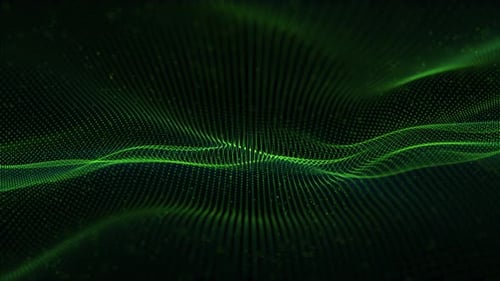 Seamless loop animation of abstract green particle waves smoothly moving on a dark background