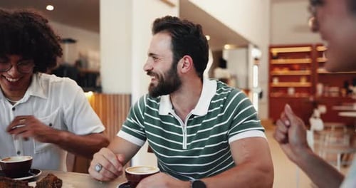 Friends, restaurant and talking with coffee, laughing and love in friendship for social security