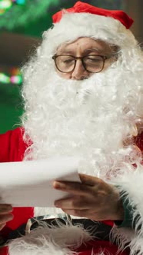 Vertical Video Santa Claus Showing Thumbs Up Sign While Reading List of Nice Kids