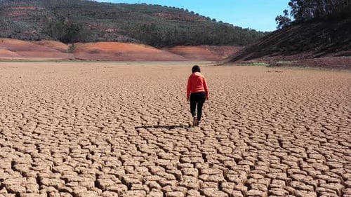 Person Walks on Cracked Earth in Dry Landscape