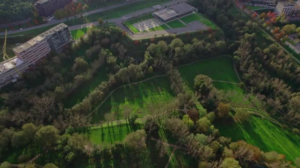Guimaraes Portugal aerial urban park and residential blocks, Buildings ...