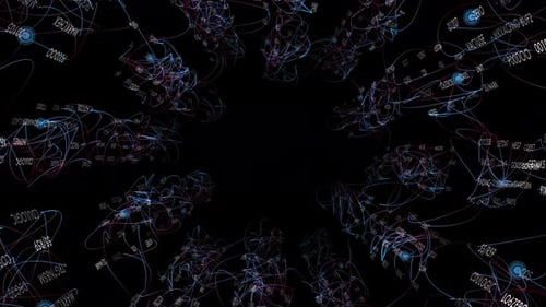 Eine Vielzahl von Zahlen driftet über die dünnen, wellenförmigen weißen Linien in Bewegung auf schwarzem Hintergrund