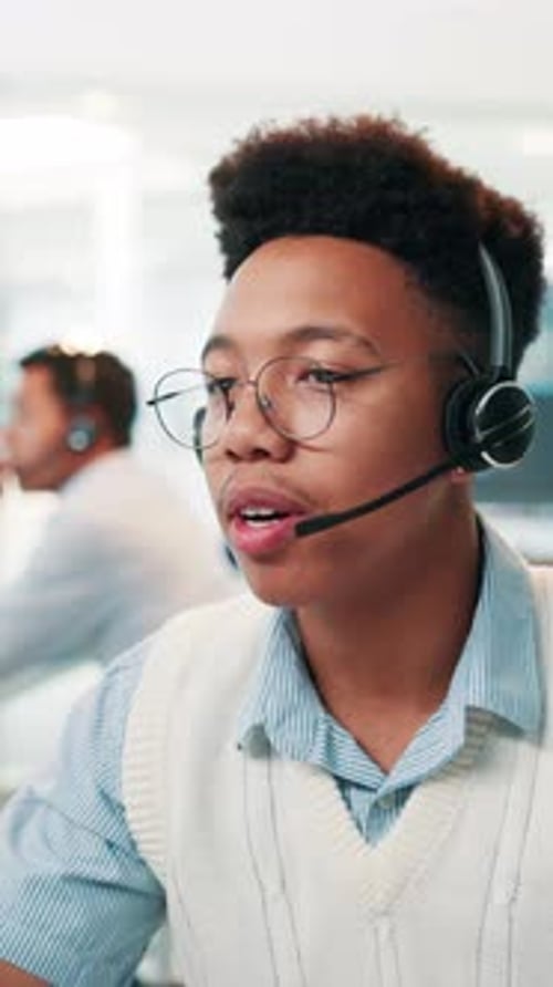 Office, businessman and helping with headset for call center, consulting